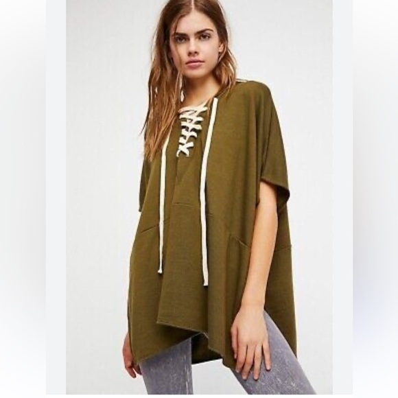 Free People Oversized Olive Power Play Lace Up Hooded Poncho OS (S-M-L) - Picture 1 of 5